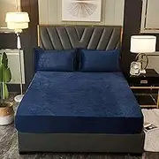 Bedding Fitted Sheets,Winter Thicken Warm Crystal Velvet Bed Sheets, Solid Color Non-Slip Deep Pocket Mattress Protector Bed Cover,Dark Blue,180cmX200cm (1pcs)