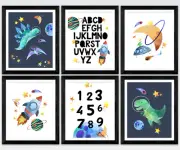 6 x A4 Nursery/Baby/Kids Play Room Space Dinosaur Wall Prints Alphabet Numbers