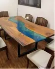 Ractangle Blue Epoxy Dining Table Live Edge with Iron Legs Custom Outdoor Decors