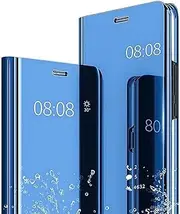 [WOBURN] Case for Samsung Galaxy A04s, Mirror Clear View Flip Mobile Phone Case, PU/PC Leather Case Protective Cover Mirror Make-Up Case Cover with Flip Folding Stand Blue