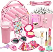 Kids Pretend Play Little Girl Purse Accessories, Princess Toy Cell Phone Fake Makeup Handbag Wallet Sunglasses Keys Credit Card Water Bottle Birthday Gifts Toys for 3 4 5 6 7 8 9 10+ Year Old Girls