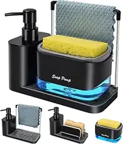LINZOM Hand and Dish Soap Dispenser Set with Tray, Dual Soap Dispenser with Sponge Holder and Dishcloth Holder 5-in-1 Organizer for Kitchen Sink Countertop Storage Organize, Black