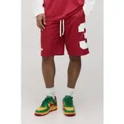 Mens Red Oversized Varsity Mesh Mid Length Shorts