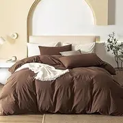 JIYUAN 100% Washed Cotton Duvet Cover Set Comfy Simple Style Soft Breathable Textured Durable Linen Feel Bedding for All Seasons King, Chocolate Brown