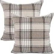 YOUR SMILE Set of 2 Retro Farmhouse Outdoor/Indoor Buffalo Tartan Chequer Stripe Plaid Cotton Linen Decorative Throw Pillow Case Cushion Cover Pillowcase for Sofa Chair, Polyester & Polyester Blend, Brown, 20''x20''