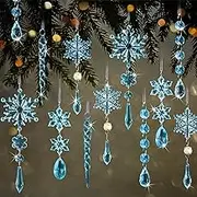 18pcs Crystal Christmas Ornaments for Christmas Tree Decorations- Light Blue Hanging Acrylic Snowflake and Icicle Ornaments with Drop Pendants for New Year Party Decorations Supplies