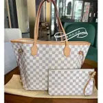 二手精品 LV 路易威登 白色棋盤格 NEVERFULL 中號 購物袋 肩背包 子母包 N41361 實拍+實拍