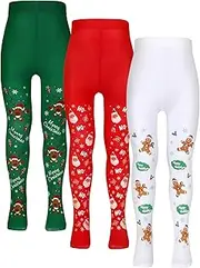 Bencailor 3 Packs Girls Christmas Tights Set Little Girls Christmas Stockings Xmas Footed Leggings for Girls 5-10 Years Old