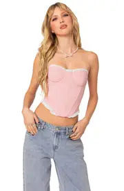 EDIKTED Tempting Texture Ruffle Hem Corset Top in Light-Pink at Nordstrom, Size Small