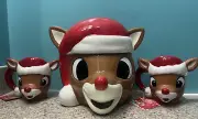 Rudolph The Red Nose Reindeer Canister/ Cookie Jar With 2 Mugs