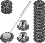 Stainless Steel Wool Scrubber with Handle Set with 15 Replacement Wire Pad Metal Long Handle Wool Pot Dish Scrubber for Pots,Pans,Grills,Sink (18Pcs)