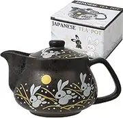 HAKONE YOSEGI Cat Kutani Yaki(ware) Japanese Teapot White (with tea strainer) (Ceramic, Rabbit Black) 10 OZ