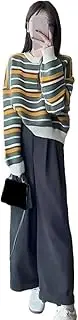 [Generic] Women's Stripe Pullover Sweater High Waist Straight Tube Trousers 2 Piece Set Travel Airport Outfits Dressy Lounge Set