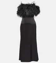 [David Koma] David Koma Feather-trimmed satin midi dress AU 6 black