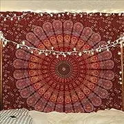 Bless International Handmade Indian hippie Bohemian Psychedelic Peacock Mandala Wall hanging College Dorm Beach Throws Table Cloth Bedding Tapestry (Maroon Yellow, Twin(54x72Inches)(140x185cms))