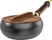 Uncoated Iron Pan - Traditional Chinese Wok with Wooden Handle & Lid, Seasoned Cast Iron Cookware for Gas/Induction Stoves, Camping, Restaurants & Home Kitchen (24cm/9.45in)