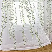 BROSHAN Green Pattern Sheer Curtains, White Printed Sheer Bedroom Curtains 2 Panels Vine Leaf Curtain Sheers 78 inches Long Voile Sheer Window Curtains