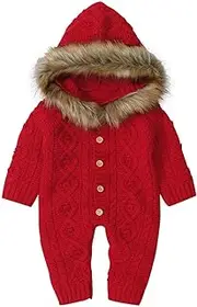 [Letuwj] Newborn Baby Boy Girl Hooded Knit Romper One-Piece Warm Sweater Jumpsuit Outfits