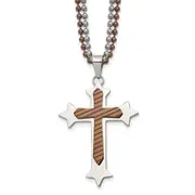 Stainless Steel Chisel Polished Brown Ip-Plated Cross Pendant On 24 Inch Double Ball Chain Necklace