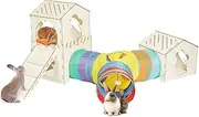 Extra Large Sturdy Rabbit Hideout House with 3 Way Tunnels, Wooden Bunny Castle with Stairs, Rabbit Hideout Castle Tower Toys for Indoor Outdoor Play