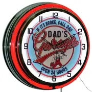 19" Dad's Garage Open 24 Hours Double Neon Clock Garage Man Cave Decor (Red)