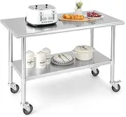 Giantex Stainless Steel Workbench, Prep Work Table, Adjustable Bottom Shelf, Commercial-Grade Scratch-Resistant Table Top, Lockable Wheels, Utility Storage Desk for Kitchen Restaurant (122 x 61 cm)