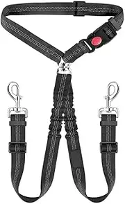 1PCS Dual Dog Seat Belt with Adjustable Elastic Bungee – No-Tangle Car Headrest Restraint for 2 Dogs, Heavy Duty Splitter and Harness for Safe Vehicle Travel (Black)