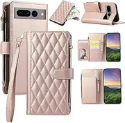 Boyobacase for Googie Pixel 7 Pro 5G Wallet Case,for Googie Pixel 7 Pro 5G Case, PU Leather Wallet Flip Cover Stand Feature[6 Card Slots] [1 Zipper Coin Pocket] with Wrist Strap-Rose Gold