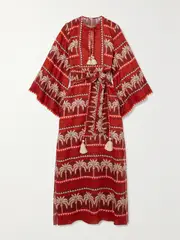 [Johanna Ortiz] Johanna Ortiz - + Net Sustain Wild Savannah Belted Tasseled Printed Linen Dress - Red - US0 US 0 Red