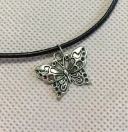 Silver Butterfly Choker Necklace Black Cord 15”+2” Extra Chain Hypoallergenic!