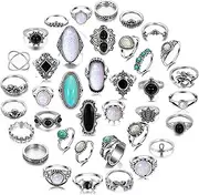 [Mixcbe] Vintage Silver Knuckle Rings Set for Women Western Turquoise Rings Bohemian Midi Ring Bulk, Chunky Rings,Retro Stone Crystal Stackable Joint Finger Ring Pack