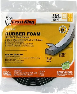 Frost King Self Stick Rubber Foam Black Weather Seal Solid Rubber Strip Roll 10'