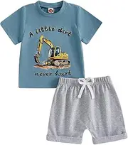 [MAHUAOYIXI] Baby Boy Outfits Round Neck Letter Digger Print T Shirts Short Sleeve + Elastic Waistband Shorts Sets Infant Baby Boys 2Pcs Toddler Summer Clothes Set, Grey, 12-18 Months