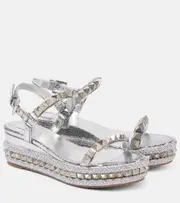 [Christian Louboutin] Christian Louboutin Pyraclou 60 studded leather espadrille wedges AU 5 silver