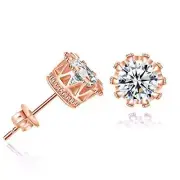 Sexy Sparkles Copper Ear Stud Earrings Cubic Zirconia Inlaid Crown 9mm Rose Gold