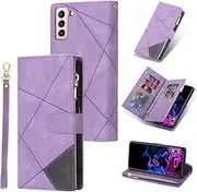 [UEEBAI] Wallet Case for Samsung Galaxy S21 FE 5G, Vintage Premium PU Leather Cover Flip Case with Card Slots Magnetic Closure Zipper Pocket Kickstand Handbag with Hand Strap - Diamond Purple