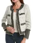 Nanette Lepore Women Tweed Denim Frayed Sequined Jacket Blazer Ivory Black Sz M