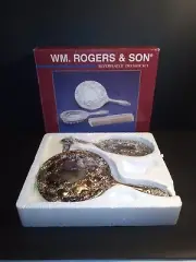 Vintage WM Rogers 3-piece Silver Plated Vanity Hand Mirror Brush Comb New In Box