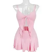 Set: Plain Lettuce Edge Crop Tankini Top + Swim Skirt Pink - M