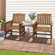 Livsip Outdoor Bench Seat Wooden Loveseat and Table Outdoor Furniture Brown