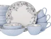 Pfaltzgraff Gabriela 16-Pc Blue Embossed Reactive Glaze Dinnerware Set Service/4