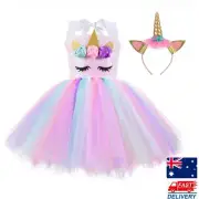 Unicorn Princess Rainbow Dress+Headband Cosplay Birthday Party Costume for Girls