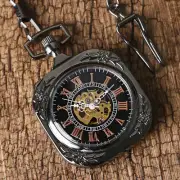 Vintage Hand-winding Mechanical Skeleton Women Pendant Black Pocket Watch Chain