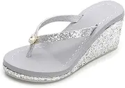 [TangDao] Women's Platform Flip Flops Rhinestone Sandals Wedge Slipper For Summer (5.5, Grey With Rhinestone, numeric_5_point_5)