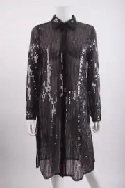 Elie Tahari Womans Sequin Shirt Dress Size XS Black Collared Button Front NWT