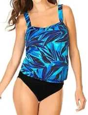 MIRACLESUIT Blue Savannah Breezy Tankini Blue Tropical Top Black Bottom Womens 8