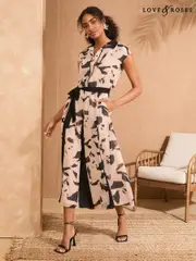 Love & Roses Ivory Geo Printed Belted Midi Shirt Dress (F02252) | $150