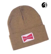 BUDWEISER Woven Label Tan Cuffed Knit Beanie Skull Cap Hat Toboggan