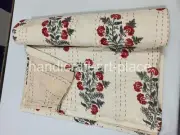 Unique Floral Kantha Hand Block Print Handmade King Size Bedspread Quilt 90x108