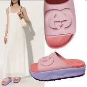 GUCCI SHOES MIAMI NTERLOCKING GG LOGO PINK RUBBER PLATFORM SLIDE $620 41 US 11
